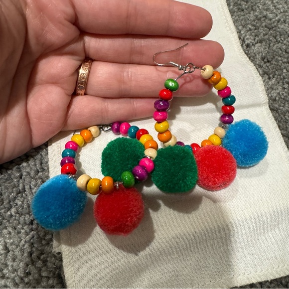 Colorful Beaded Hoop Earrings with Pom Poms - Picture 5 of 5